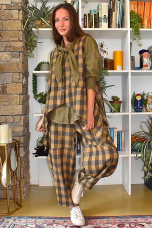 Nora Brushed Cotton Gingham Trapeze Waistcoat Deep Olive